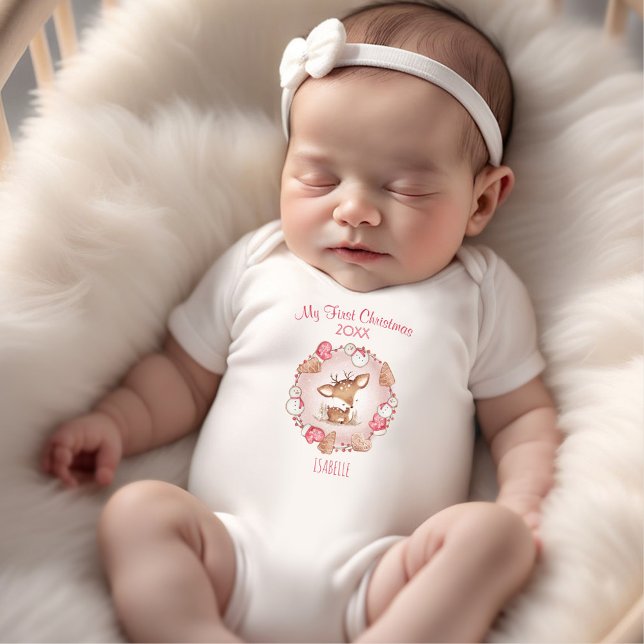 Body Mon premier cerf de Noël Nom personnalisé Fille ro (My First Christmas Deer Custom Name Pink Girl Baby Bodysuit)