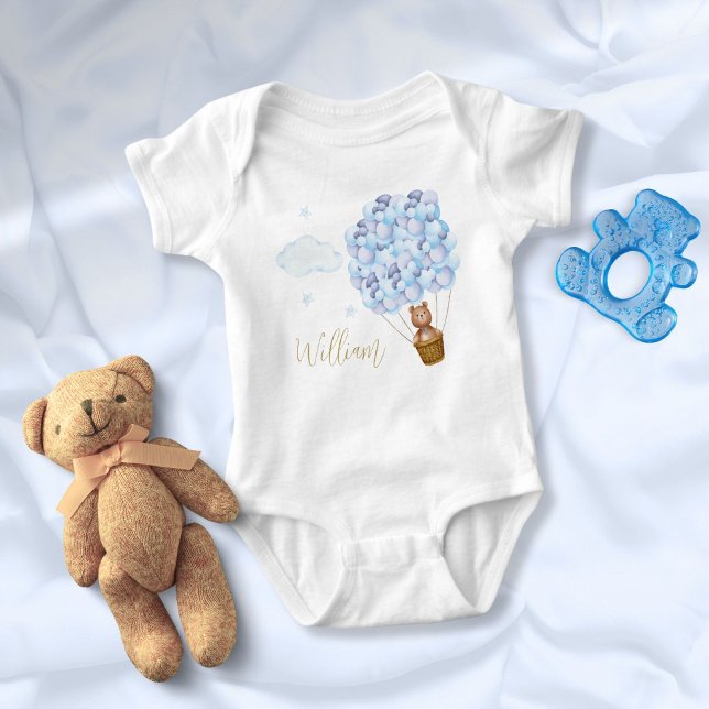 Body Nounours Ours en Peluche Ballons Bleus Écriture Do (Teddy Bear Blue Balloons Gold Script Baby Bodysuit)