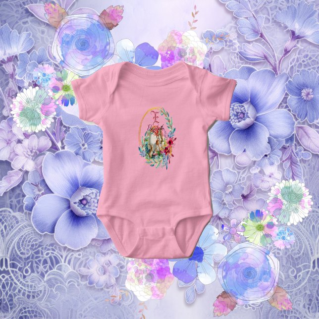 Body OEuf de peinture de lapin floral Monogramme Nom pe (Floral Bunny Painting Egg Monogram Custom Name Baby Bodysuit)