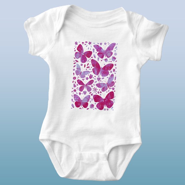 Body Papillons Aquarelle Magenta Rose (Magenta pink watercolor butterfly baby bodysuit)