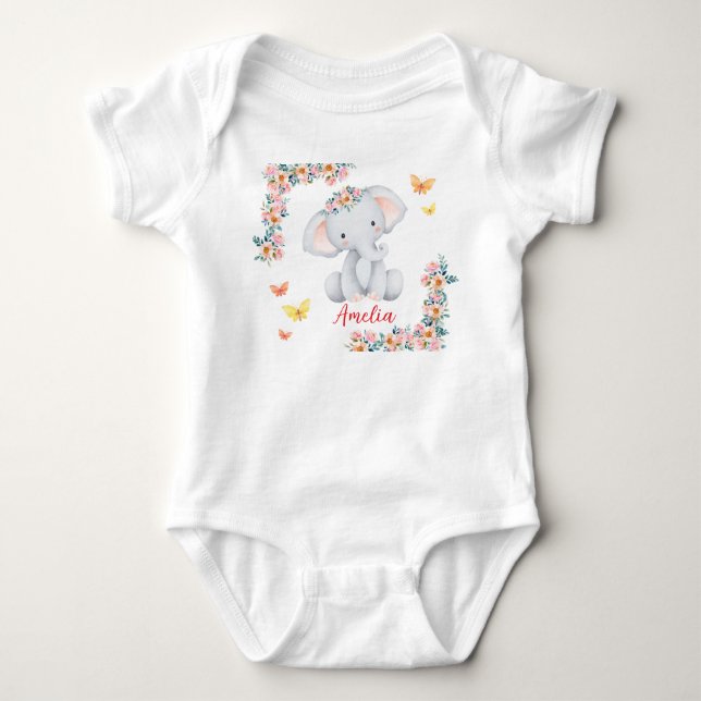 Body Personlized Name Baby Bodysuit Floral Elephant (Devant)