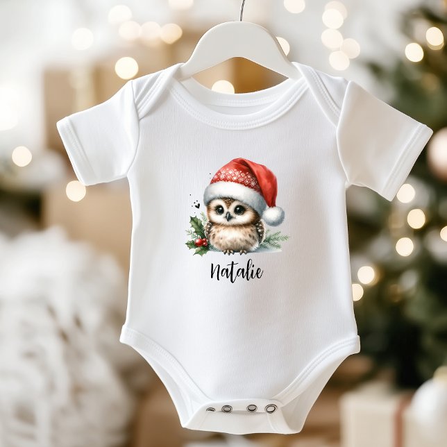 Body Petit Chouette de Noël Nom de la garde du bébé (Cute Little Christmas Owl Name Baby Bodysuit)