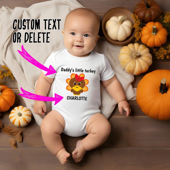 Body 🦃 petite dinde de papa avec un nom (Adorable little turkey whit red bow, baby bodysuit,  customizable text)