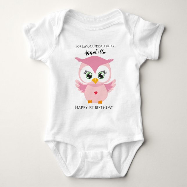 Body Petite fille Premier anniversaire Cute Pink Owl (Devant)