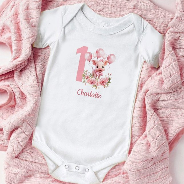 Body Pink mignon fille 1er Anniversaire bébé complet (Cute piglet Pink 1st Birthday Girl Baby Bodysuit)