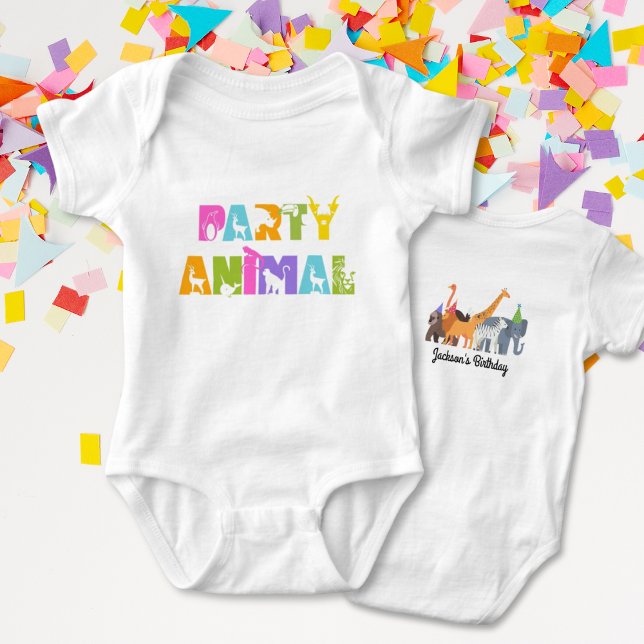 Body Première fête d'anniversaire Animal Safari Blanc B (Party Animal First Birthday Bodysuit One Piece for Baby's Wild One First Birthday)