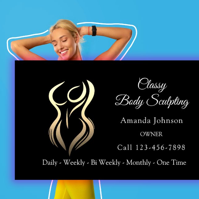 Body Shaping Sculpting Massage Gold Logo QR Black Visitenkarte (Body Shaping Sculpting Massage Gold Logo QR Black Business Card)