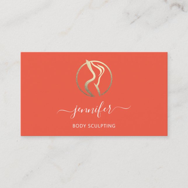 Body Shaping Sculpting Massage Gold Logo QR Coral Visitenkarte (Vorderseite)