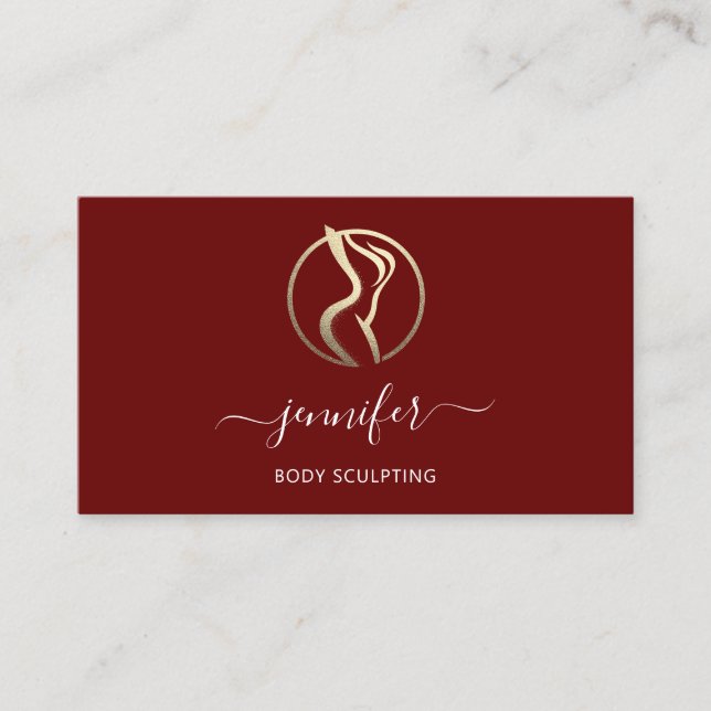 Body Shaping Sculpting Massage Gold Logo QR Maroon Visitenkarte (Vorderseite)