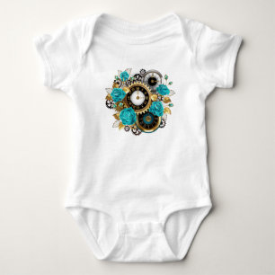 Body Steampunk Clock and Turquoise Roses on Striped
