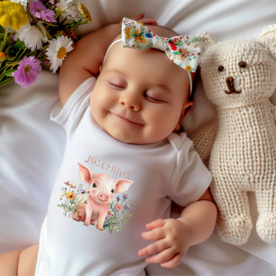 Body T-Shirt Baby Pig Fleurs Sauvages Ferme Prénom Bébé