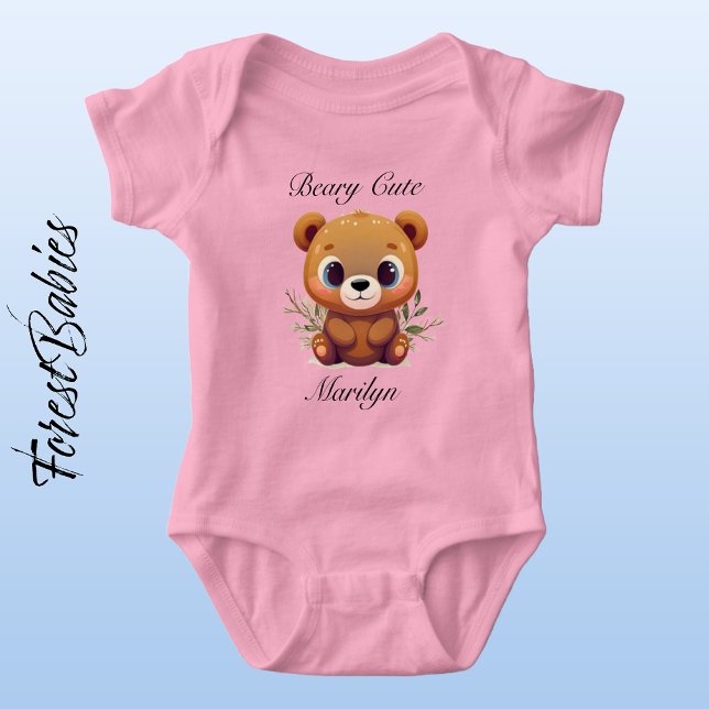 Body Teddy Bear Beary mignonne Whimsical Cartoon 🧸 gra (Teddy Bear 🐻 Pink Beary Cute ForestBabies Whimsical Baby Woodland Animal Baby Bodysuit - Front)