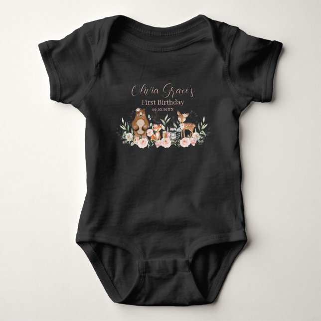 Body Tenue de 1er anniversaire floral rose forêt  (Devant)