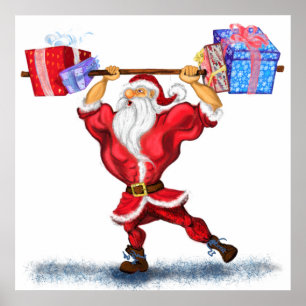 Bodybuilder Santa Claus mit Weihnachtsgeschenken - Poster