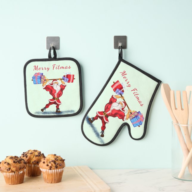 Bodybuilder Weihnachtsmann mit Geschenk Weihnachte Ofenhandschuh & Topflappen-Set (Insitu (Hängend))