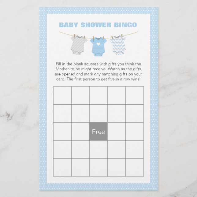 Bodysuit Baby Dusche Bingo Game Card - Blue (Vorderseite)