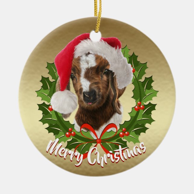 Boer Goat Baby Weihnachtsmannmütze Weihnachtsschmu Keramikornament (Vorne)