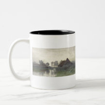 Boer Zuhause auf dem Wasser in Morgennebel