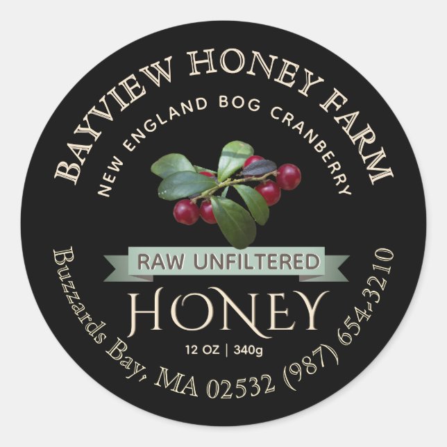 Bog Cranberry Honey Label mit Cranberries Black Runder Aufkleber (Vorderseite)