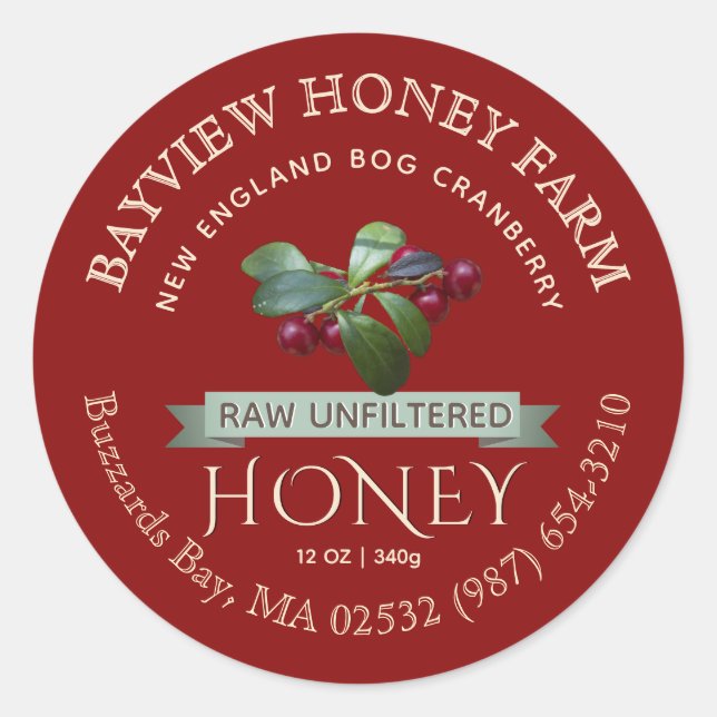 Bog Cranberry Honey Label mit Cranberries Runder Aufkleber (Vorderseite)