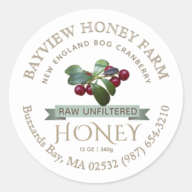 Bog Cranberry Honey Label mit Cranberries Runder Aufkleber (Vorderseite)