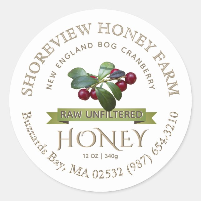 Bog Cranberry Honey Label mit Cranberries Runder Aufkleber (Vorderseite)
