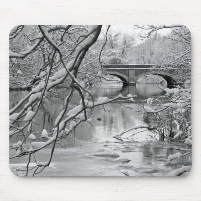 Bogen-Brücke über gefrorenem Fluss im Winter Mousepad (Vorne)