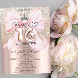 Bogen, Tiara, Roségold Sweet 16 Glitter Bokeh Einladung