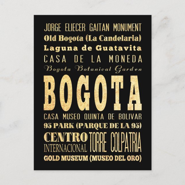 Bogota Stadt Kolumbien Typografie Kunst Postkarte (Vorderseite)