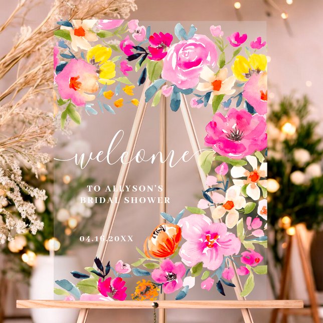 Bohème audacieux aquarelle fleurie accueil nuptial (Bohemian bold floral watercolor bridal welcome acrylic sign)
