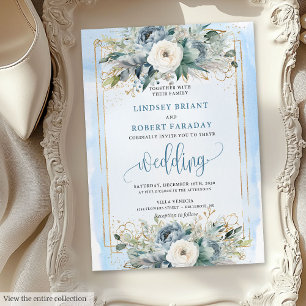 Bohème bleu poussiéreux fleurs blanches invitation