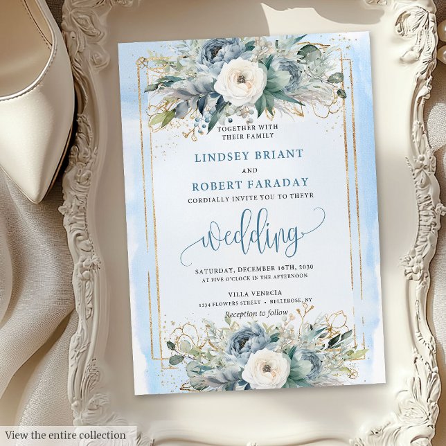 Bohème bleu poussiéreux fleurs blanches invitation (Bohemian dusty blue white flowers wedding invitation

)