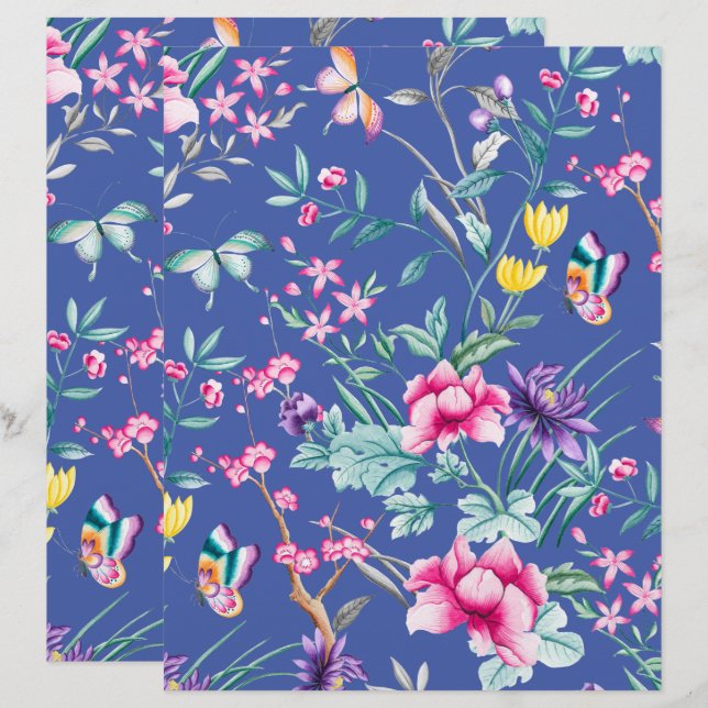 Bohème Chic Floral Motif Bleu Scrapbook Papier (Devant / Derrière)