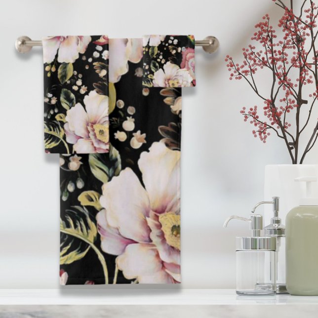 bohème chic rose pâle fleurs sombres floral (bohemian chic blush pink flowers dark floral bath towel set)