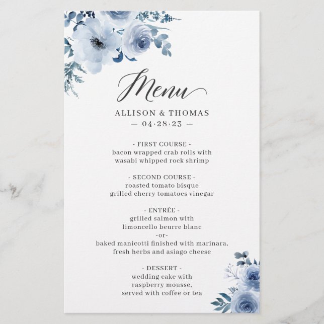 Bohème Dusty Blue Floral Menu Mariage (Devant)