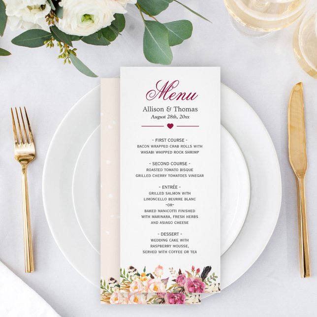 Bohème Floral Plumes Classic Boho Menu Mariage (Créateur téléchargé)