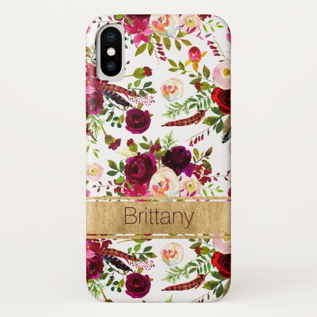 Bohème Floral, Plumes Coque-Mate iPhone X Coque (Dos)