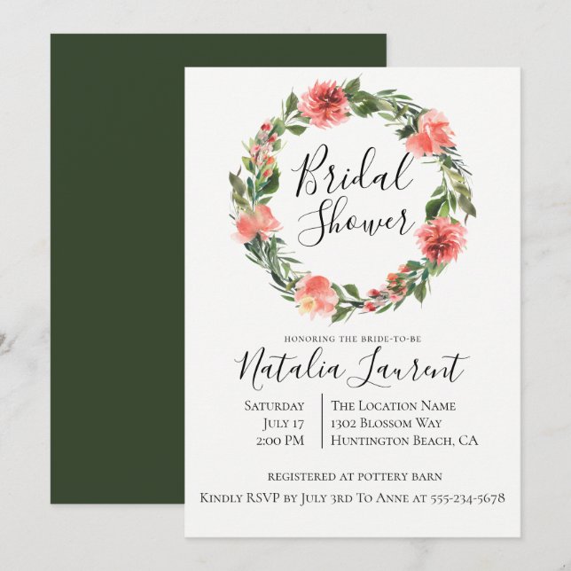 Bohème Floral Wreath Invitation de la douche nupti (Devant / Derrière)