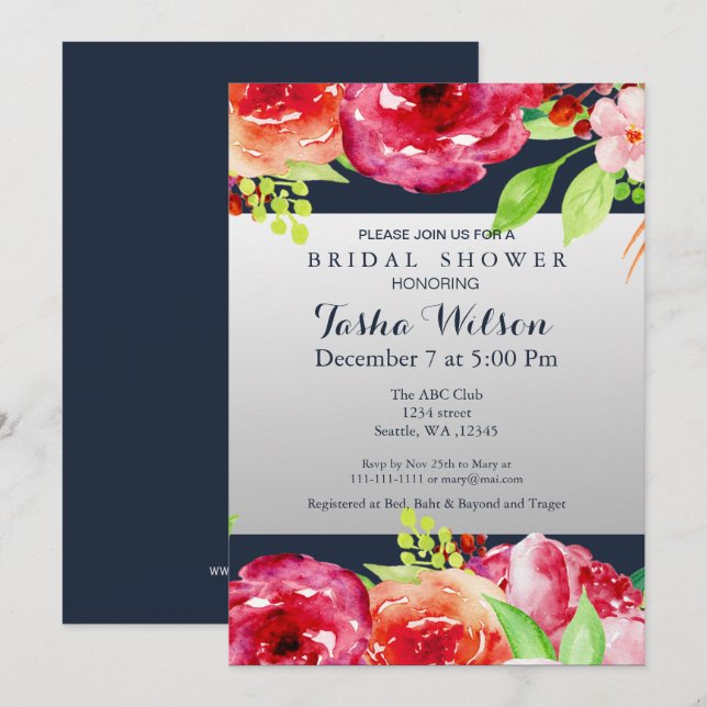 bohème marine argent floral moderne Invitation dou (Devant / Derrière)
