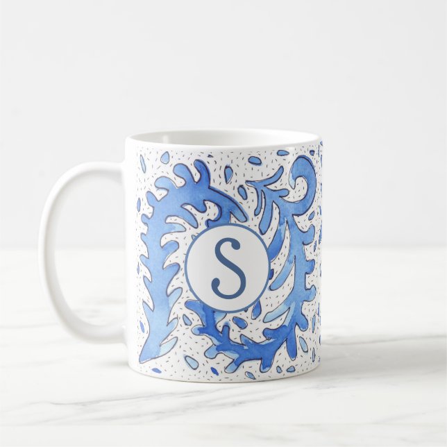 Bohème Monogramme Bleu & Blanc Mug Personnalisé (Gauche)