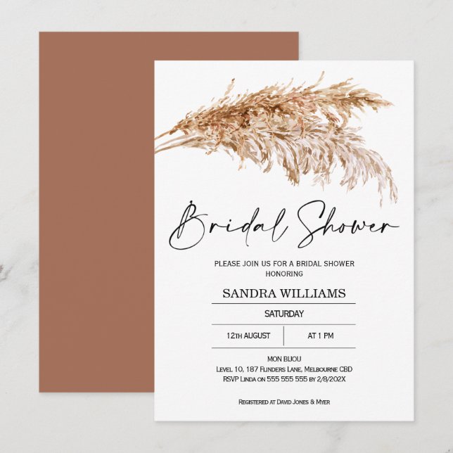 Bohême Pampas Grass nuptiale de douche Invitation (Devant / Derrière)