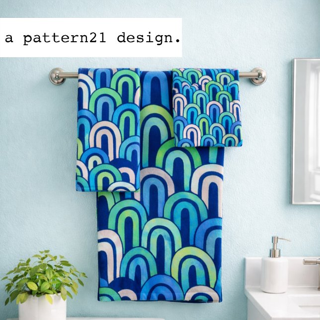 Bohemian arch fish scale painted pattern (Retro arch towels add vibrant blue style to bright modern bathrooms)
