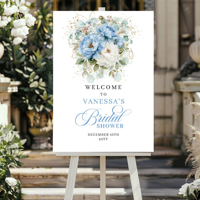 Bohemian Blaue Blumen Grün Brautparty Willkommen Poster (Bohemian Blue Floral Greenery Bridal Shower Welcome)