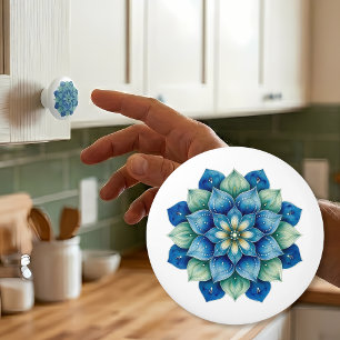 Bohemian Blaue und Grüne Mandala Keramik-Knopf Keramikknauf