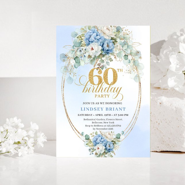 Bohemian Blue Floral 60th Birthday Invitation (Bohemian Blue Floral 60th Birthday Invitation)