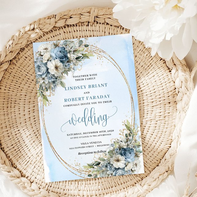 Bohemian Blue Floral Gold Wedding Invitation (Bohemian Blue Floral Gold Wedding Invitation)