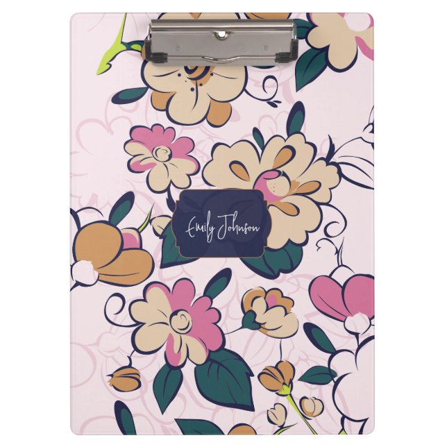 Bohemian Blumen Navy Namensmonogramm Klemmbrett (Vorderseite)
