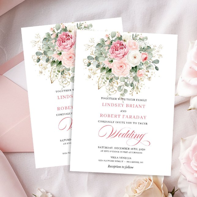 Bohemian Blush Roses Gold Frame Wedding Invitation Einladung (Bohemian Blush Roses Gold Frame Wedding Invitation)