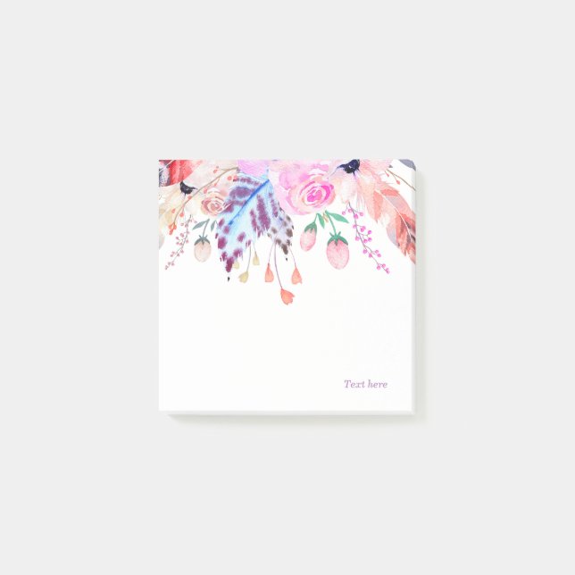 bohemian, boho, rosa, blumenreich, feather, trendy post-it klebezettel (Vorderseite)