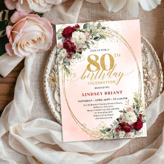 Bohemian Burgundy Floral Milestone 80th Birthday Einladung